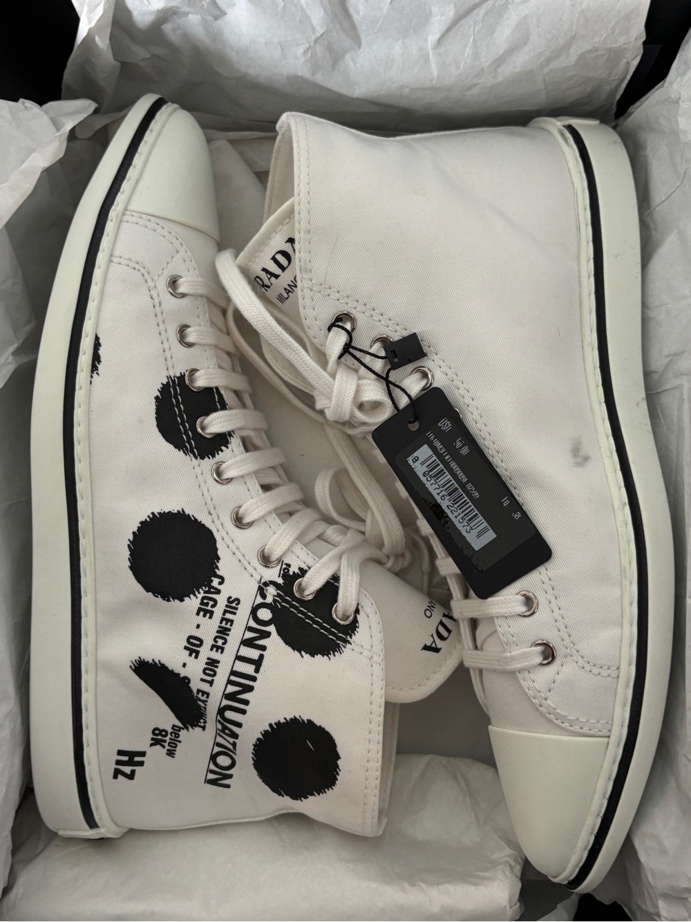 Prada White Canvas High-Top Sneakers with Black Graphic Print